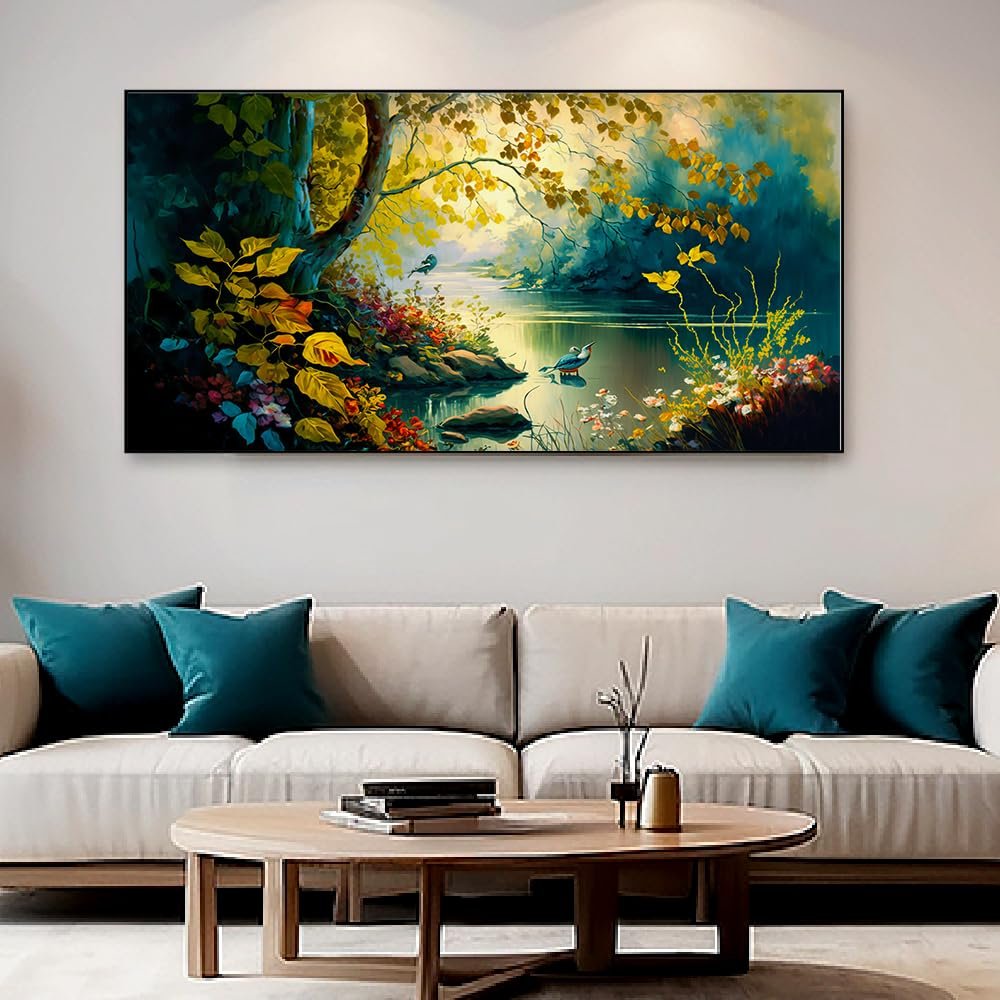DEKORSTATION Vintage Landscape Forest Painting with Lake Plants|Canvas Art Wall Painting for Living Room, Bedroom, Office, Hotels, Drawing Room Decoration|24x48 inch Canvas Painting