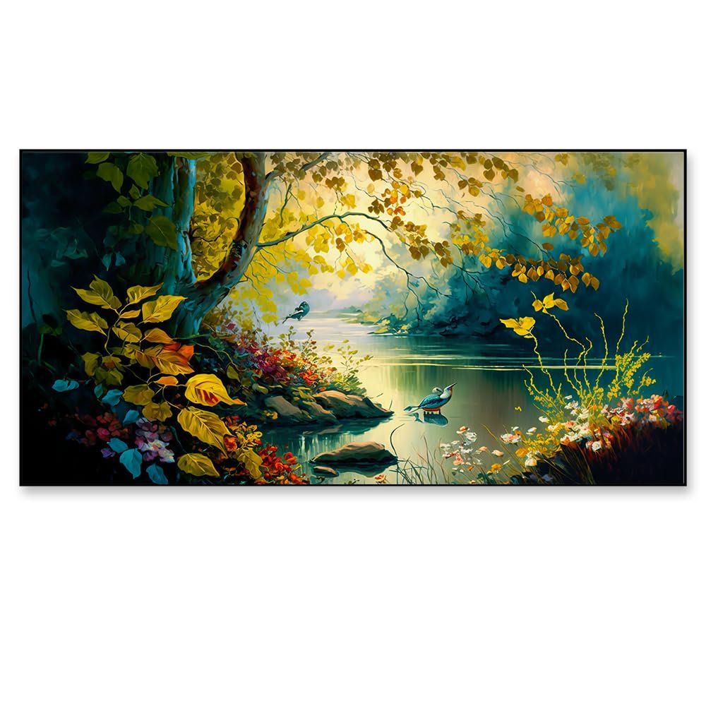 DEKORSTATION Vintage Landscape Forest Painting with Lake Plants|Canvas Art Wall Painting for Living Room, Bedroom, Office, Hotels, Drawing Room Decoration|24x48 inch Canvas Painting - Image 2